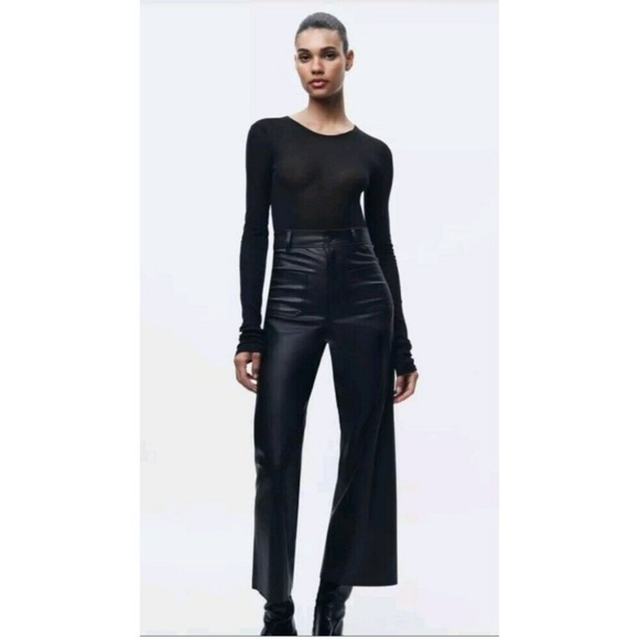 NWT  Women’s The Marine Straight Leg Leather Trousers Black Size 2 - Picture 2 of 10